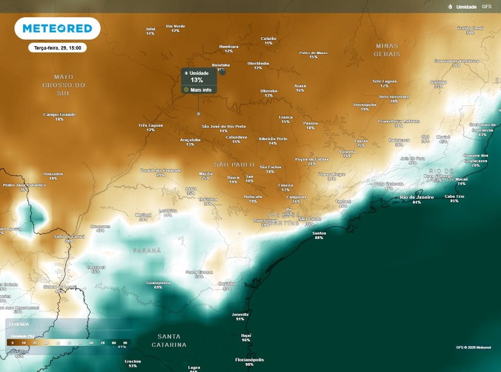 Previsão da umidade relativa do ar (em %) para a terça-feira (29) às 15h.