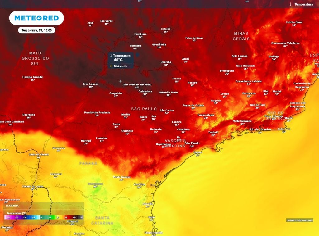 Previsão da temperatura máxima do ar (°C) para a terça-feira (29).