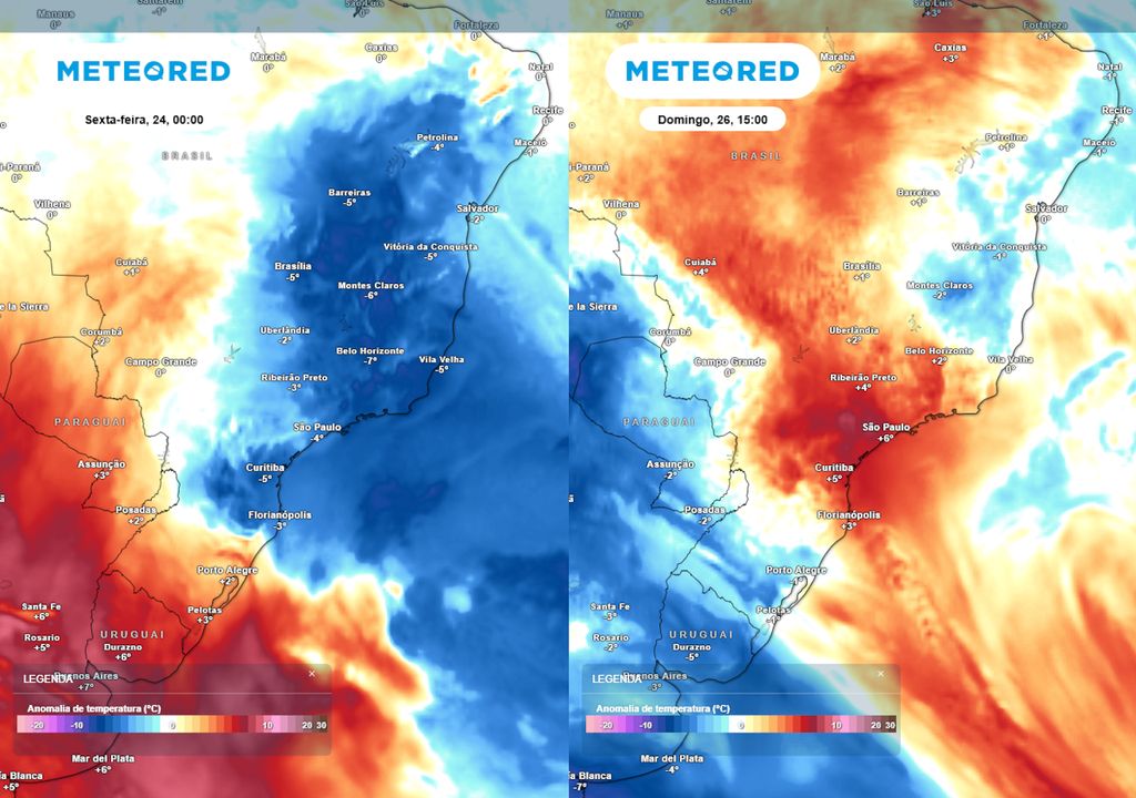 Previsão de anomalias de temperatura em 850hPa na sexta-feira (esquerda) e no domingo (direita).