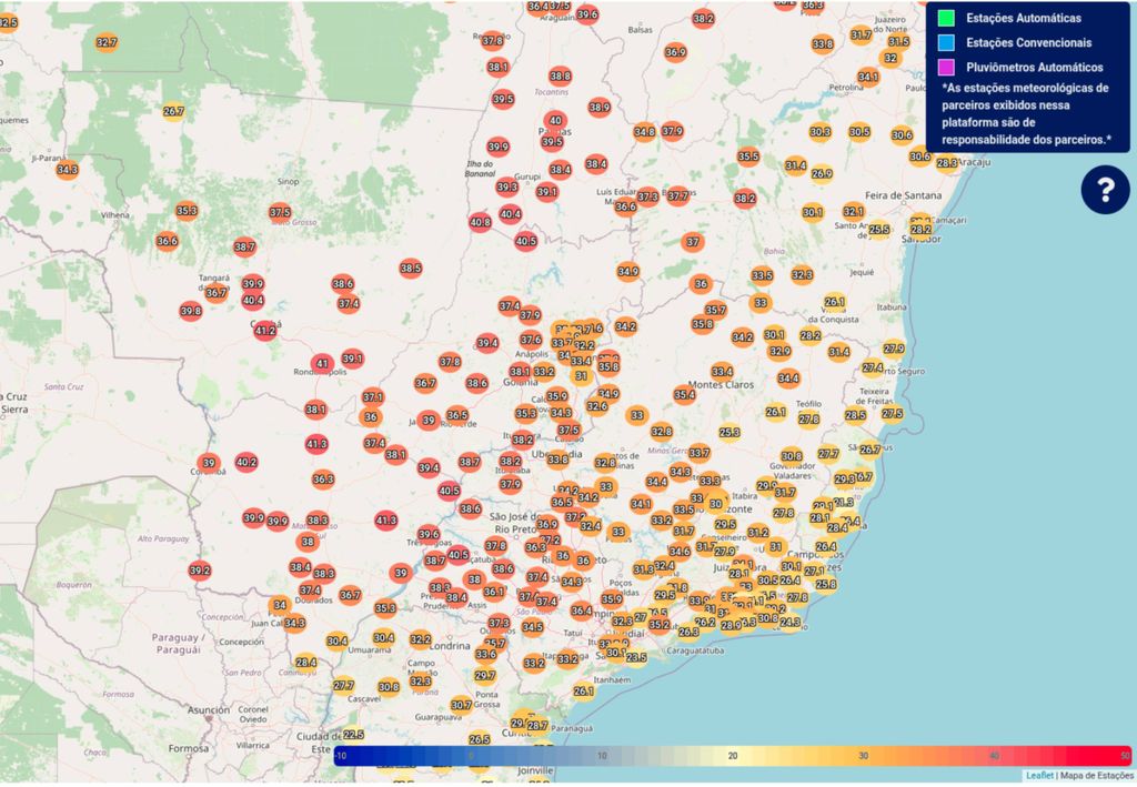 Temperatura máxima registrada na tarde de ontem (30) nas estações oficiais do INMET. Temperatura máxima registrada na tarde de ontem (30) nas estações oficiais do INMET.