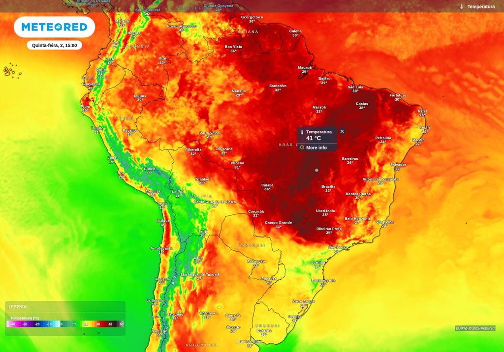 Previsão de temperatura máxima nesta quinta-feira (2), de acordo com o ECMWF. Previsão de temperatura máxima nesta quinta-feira (2), de acordo com o ECMWF.
