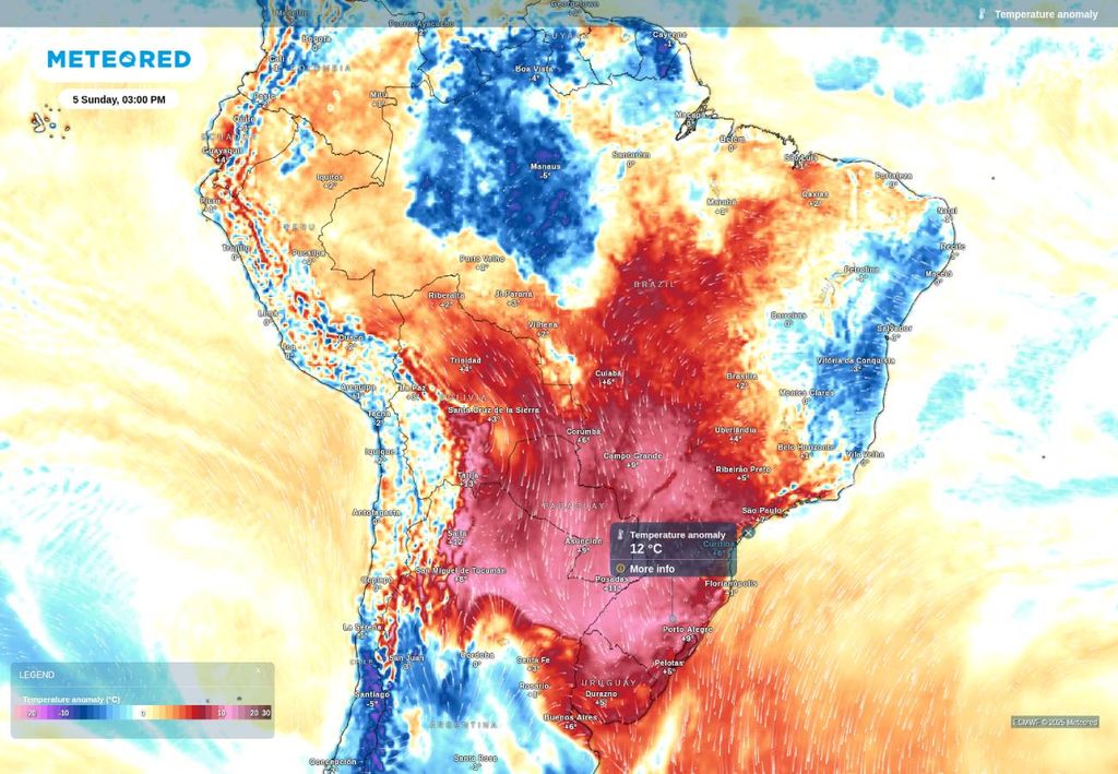 Previsão de anomalia de temperatura neste domingo (5), de acordo com o ECMWF. Previsão de anomalia de temperatura neste domingo (5), de acordo com o ECMWF.