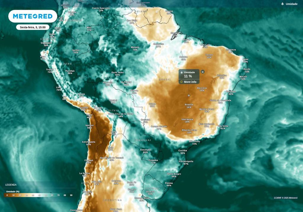 Previsão de umidade relativa do ar nesta sexta-feira (3), de acordo com o ECMWF. Previsão de umidade relativa do ar nesta sexta-feira (3), de acordo com o ECMWF.