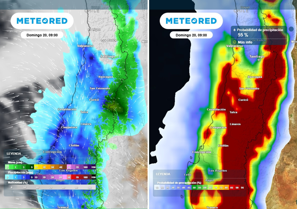 mapas de precipitaciones y probabilidades Este domingo tendremos precipitaciones en casi toda la zona central, con mayor probabilidad de O'Higgins al sur.