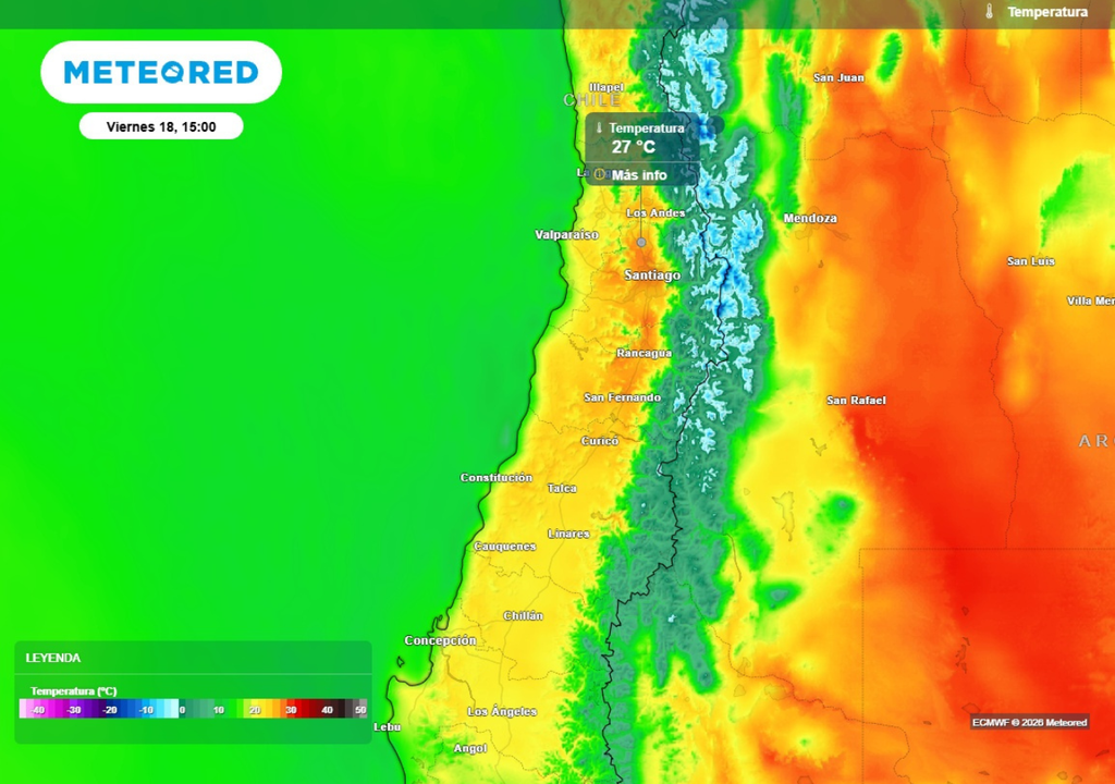 mapa de temperatura Las máximas oscilarán en torno a los 25 a 27 °C en el interior de la RM y O'Higgins y precordillera de Valparaíso durante el viernes 18.