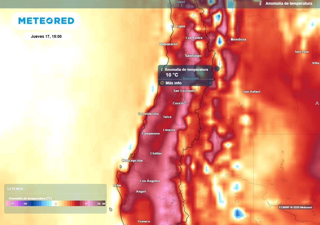 mapa de anomalía de temperatura El jueves seguirá caluroso entre O'Higgins y Valparaíso, con valores que podrían alcanzar los 10 grados de anomalía positiva.