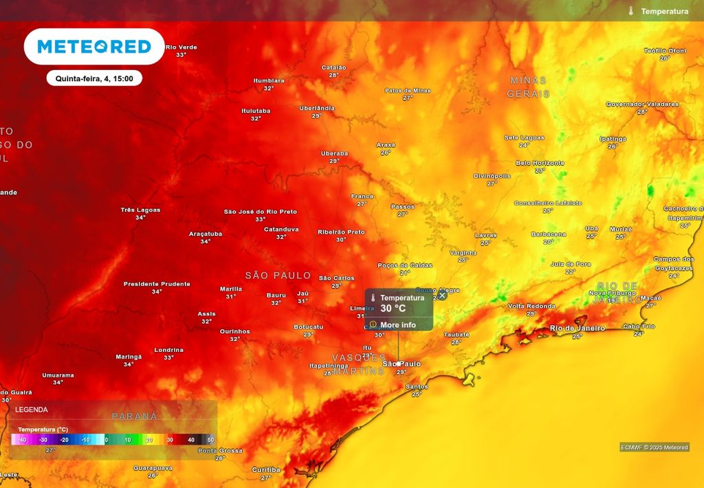 Previsão de temperatura máxima nesta quinta-feira (4), de acordo com o ECMWF.