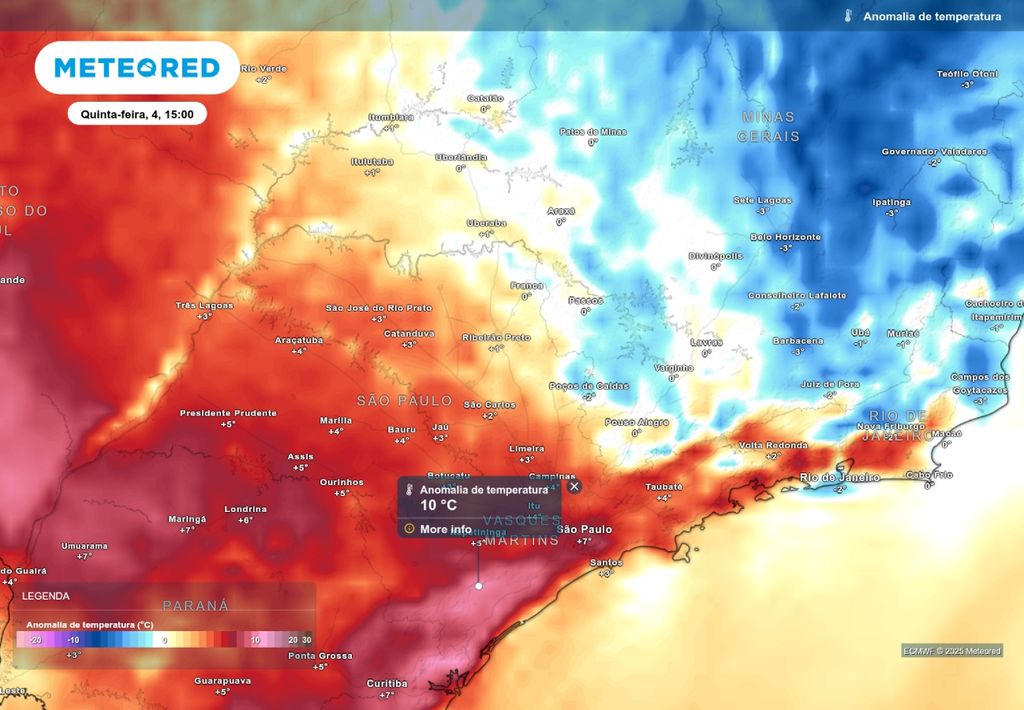 Previsão de anomalia de temperatura nesta quinta-feira (4), de acordo com o ECMWF.
