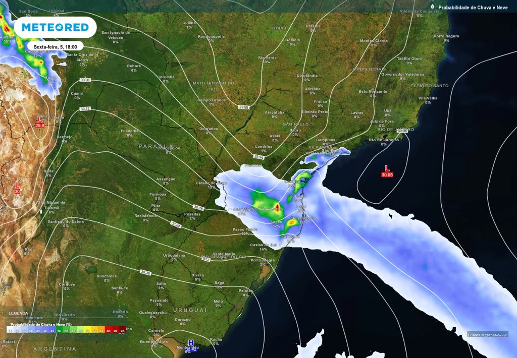 Previsão de pressão atmosférica (linhas) e probabilidade de chuva (cores) nesta sexta-feira, de acordo com o ECWMF.