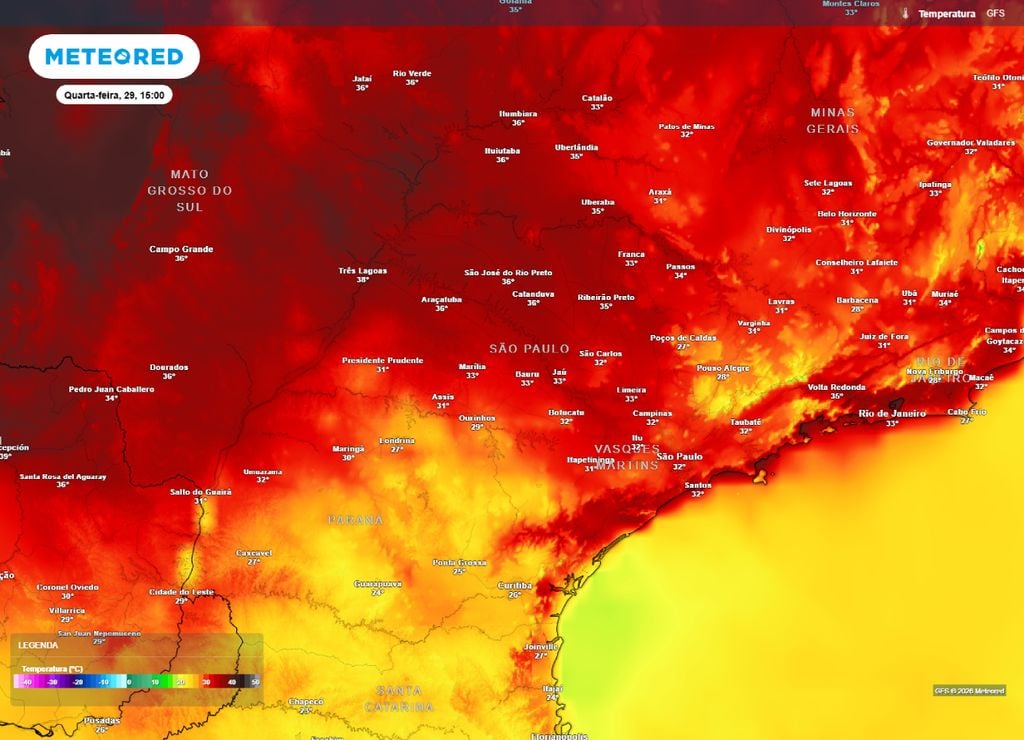 Temperatura máxima prevista para quarta-feira, 29 de julho.