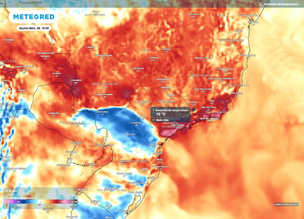 Anomalia de temperatura em relação à previsão da temperatura máxima na quarta-feira, 29 de julho.
