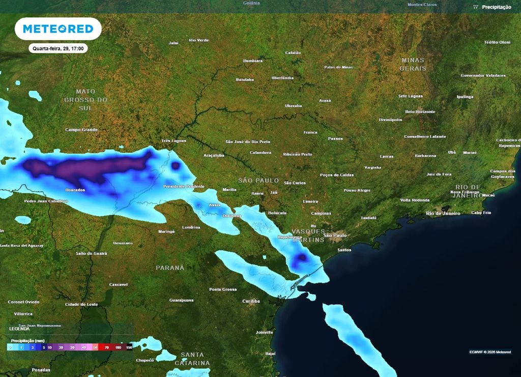 Previsão de chuva para a o fim da tarde da quarta-feira, 29 de julho.