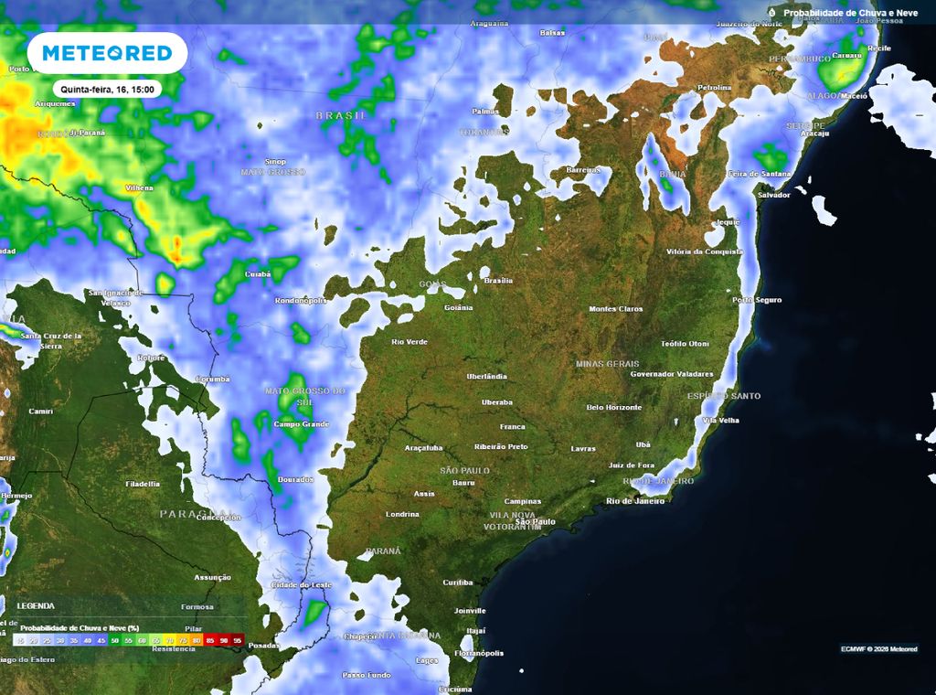 Previsão da probabilidade de precipitação (%) para a quinta-feira (16) à tarde (15h), segundo o modelo europeu ECMWF.