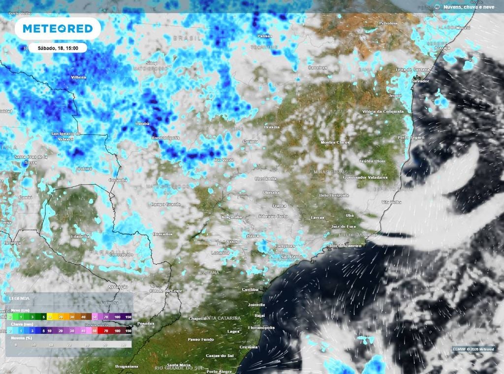 Previsão de precipitação (em mm) e nebulosidade para sábado (18) à tarde (15h), segundo o modelo europeu ECMWF.