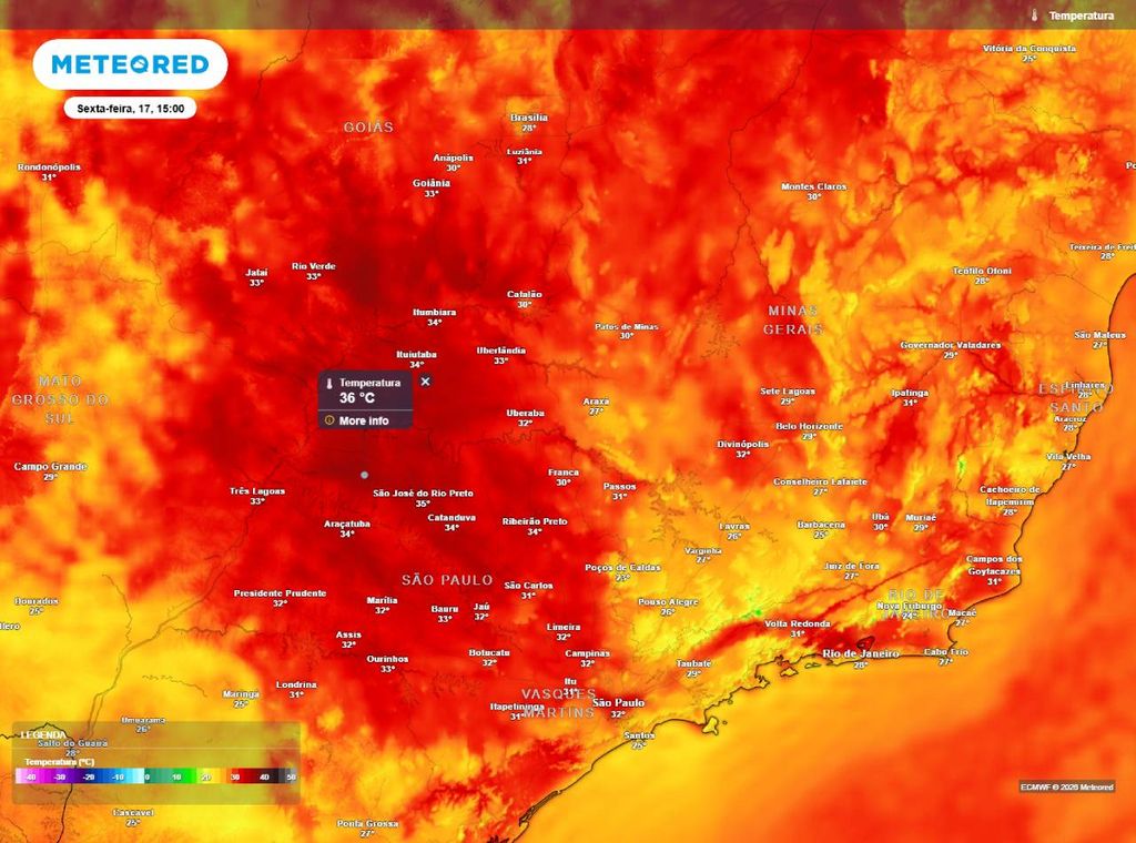 Previsão de temperatura máxima do ar (em °C) para a sexta-feira (17) à tarde (15h), segundo o modelo europeu ECMWF.