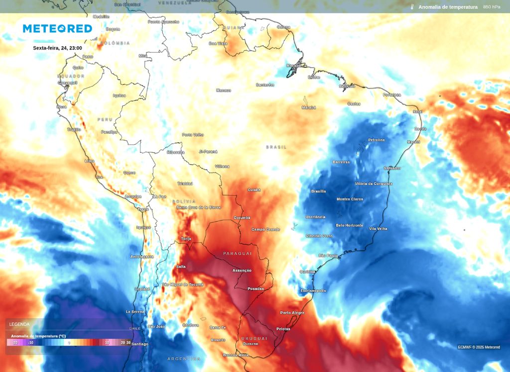 Anomalia de temperatura em 850 hPa na sexta-feira (24).