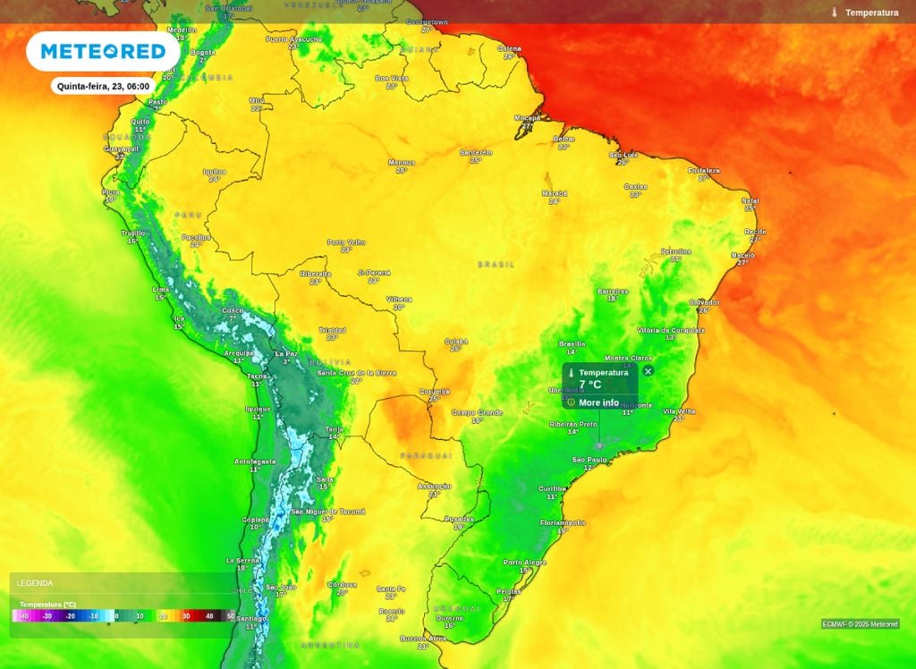 Temperatura mínima prevista para a manhã desta quinta-feira (23).