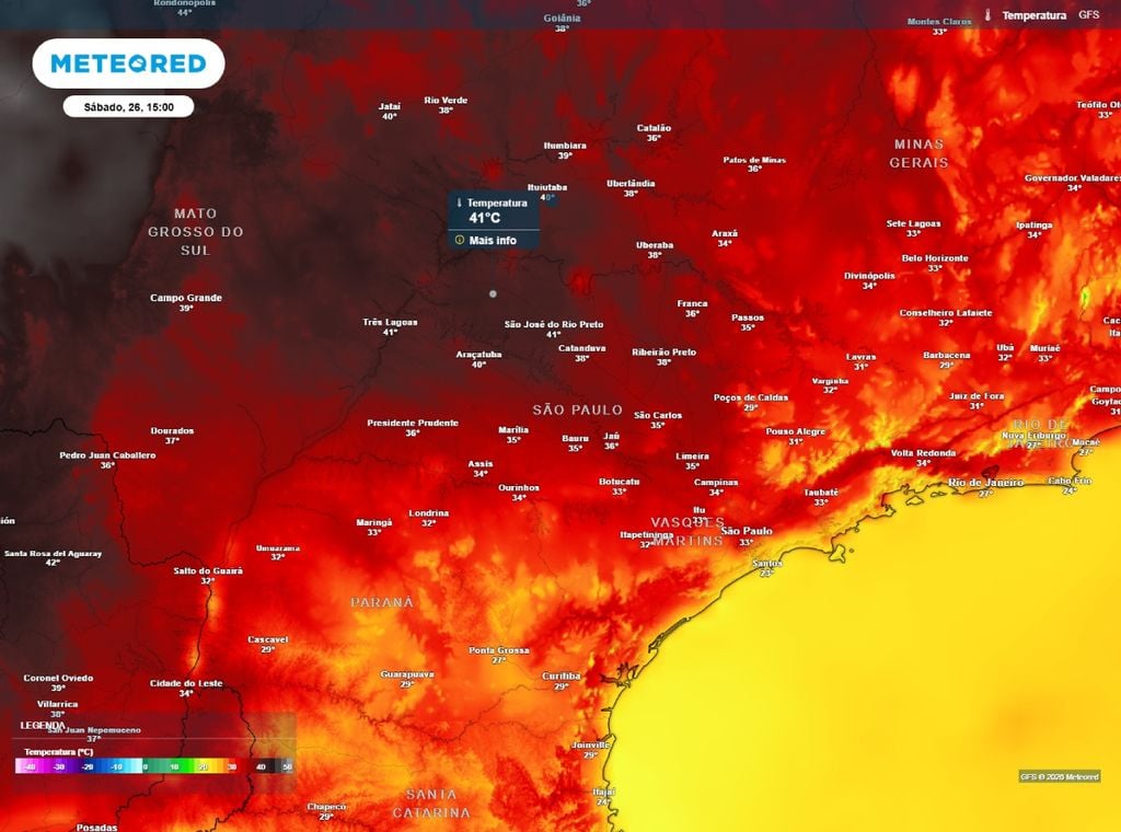 Previsão da temperatura máxima do ar (°C) para o sábado (26).