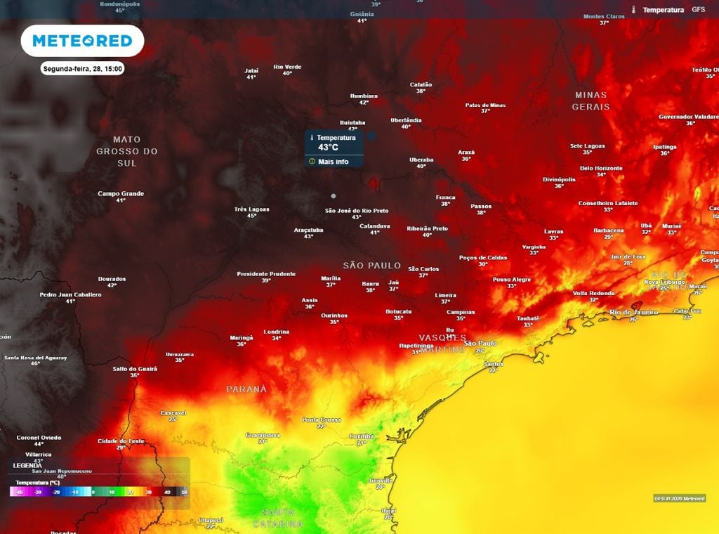 Previsão de temperatura máxima do ar (°C) para a segunda-feira (28).