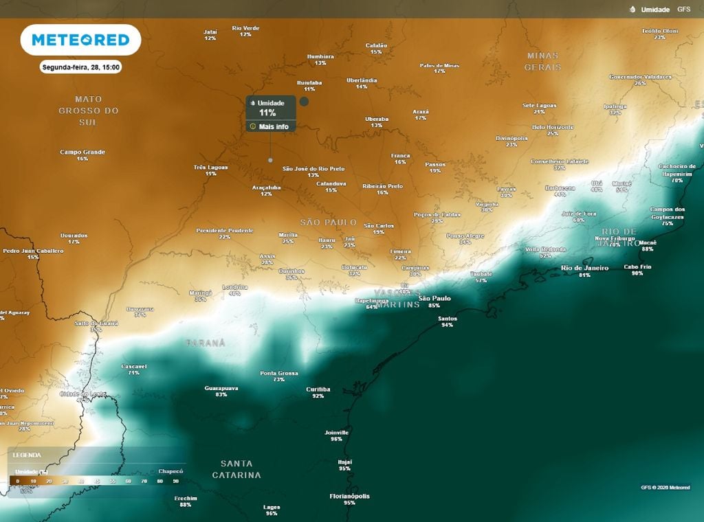 Previsão da umidade relativa do ar (%) para a segunda-feira (28) à tarde (15h).