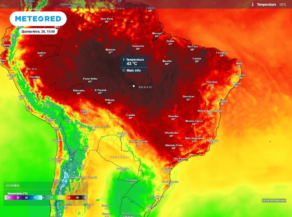 Máximas superam os 40°C em áreas do Centro-Oeste e Norte do Brasil.