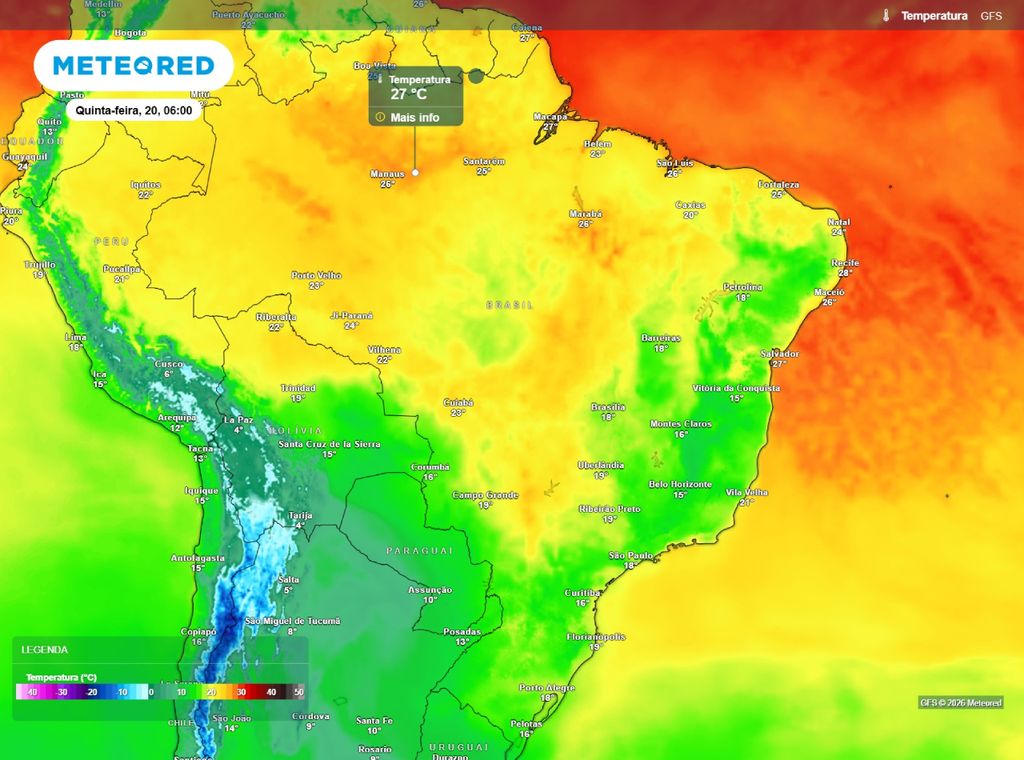 Temperatura prevista para a manhã desta quinta-feira (20).