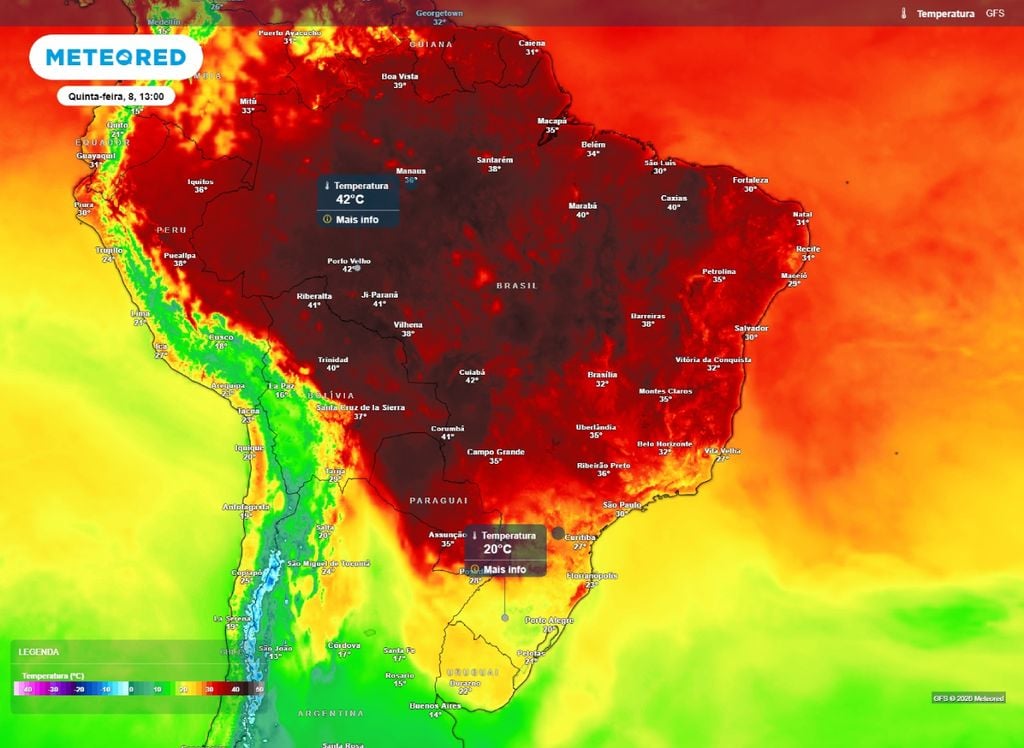 Temperatura máxima prevista para a quinta-feira (9). Máxima prevista para a tarde de quinta-feira (9). A previsão indica gradiente de temperatura acima dos 20°C entre o Centro-Norte e Sul do país.