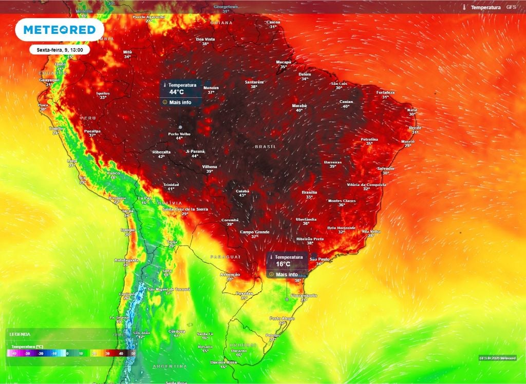 Máxima de sexta-feira. Termômetros chegam aos 44°C na Região Norte enquanto que no Sul temperaturas seguem amenas por conta de tempo fechado e previsão de chuvas que mantém temperaturas amenas.