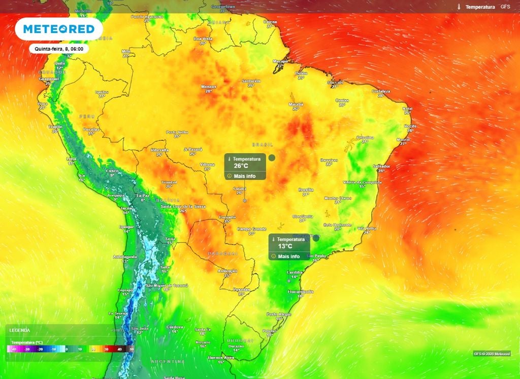 Temepratura mínima Mínima prevista para o amanhecer desta quinta-feira (8). O modelo de previsão do tempo apresenta diferença de 13°C nas temperautras entre o Sul e leste do Sudeste e áreas do Centro-Oeste.
