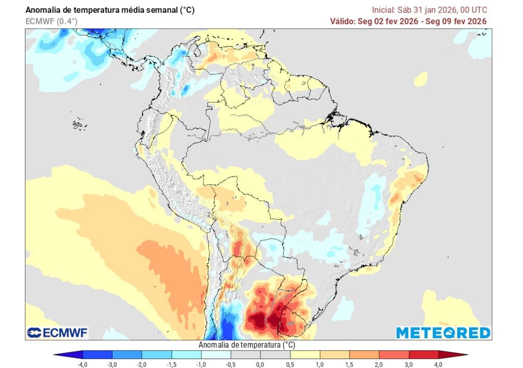 Previsão de anomalias de temperatura entre os dias 2 e 9 de Fevereiro (modelo ECMWF) Previsão de anomalias de temperatura entre os dias 2 e 9 de Fevereiro (modelo ECMWF)
