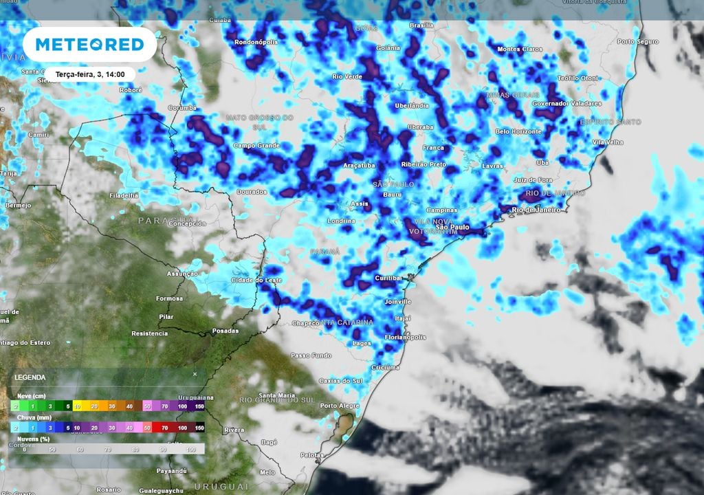 Previsão de Nebulosidade e Chuva na terça-feira durante a tarde. Previsão de Nebulosidade e Chuva na terça-feira durante a tarde ilustra que ainda haverá possibilidade de pancadas localizadas se formando entre o Paraná e Santa Catarina esta semana.