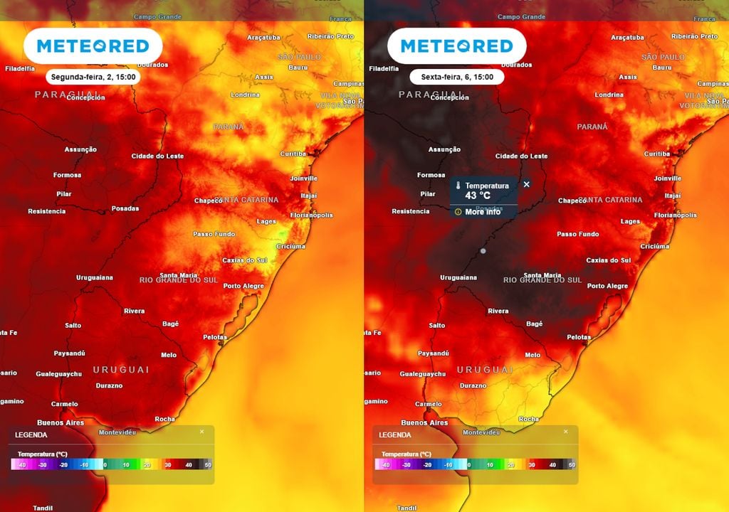 Previsão de temperaturas máximas na segunda-feira (esquerda) e sexta-feira (direita). Previsão de temperaturas máximas na segunda-feira (esquerda) e na sexta-feira (direita) ilustra como as temperaturas vão subir sobre a região Sul ao longo desta semana.
