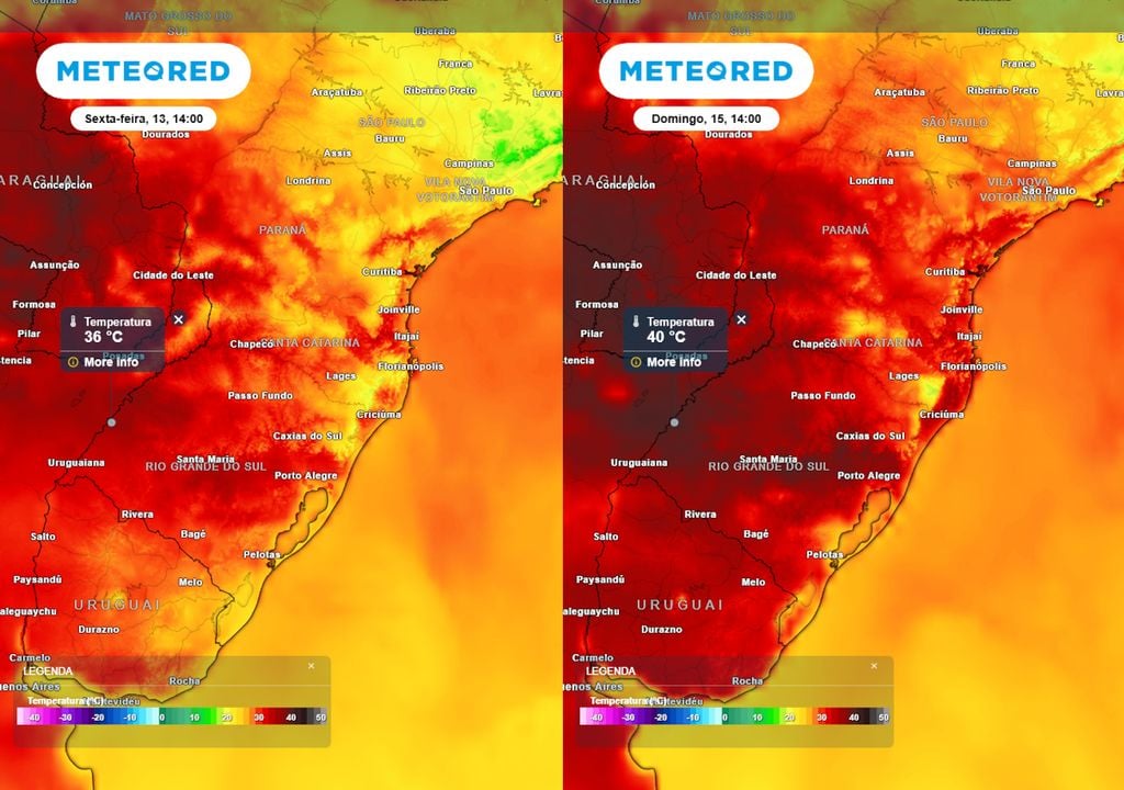 Previsão de temperaturas máximas na sexta-feira (esquerda) e no domingo (direita) durante a tarde mostra que as temperaturas aumentarão muito no final de semana, chegando a até 40°C.