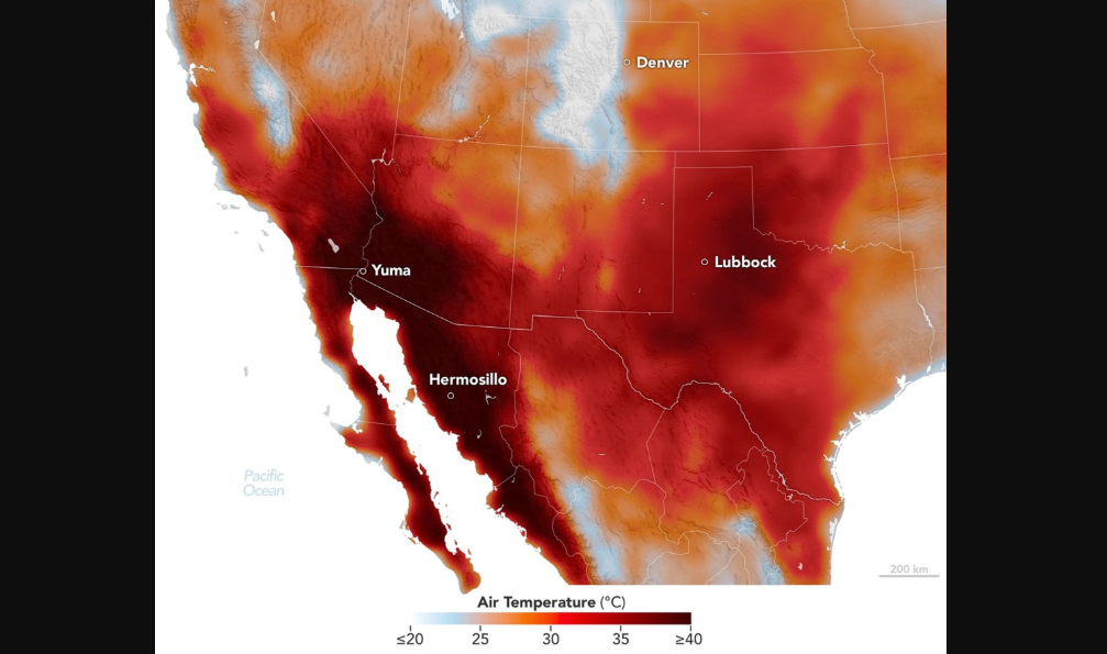 En esta visualización basada en datos de GEOS-FP, se observa una ola de calor extremo que persiste sobre el suroeste de Estados Unidos y México el 20 de marzo de 2026. NASA/Michala Garrison