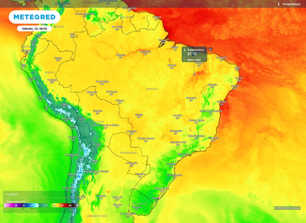 Previsão das temperaturas para a manhã deste sábado (15). Previsão das temperaturas para a manhã deste sábado (15).