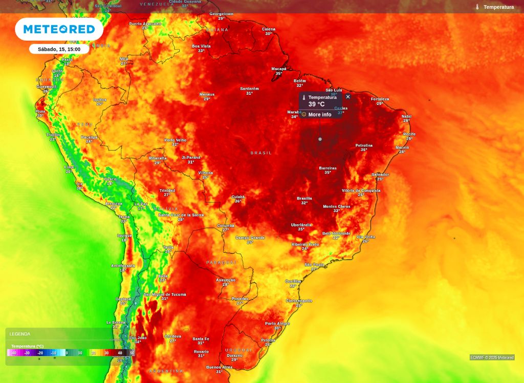 Previsão das temperaturas para a tarde deste sábado (15), de acordo com o modelo ECMWF. Previsão das temperaturas para a tarde deste sábado (15), de acordo com o modelo ECMWF.