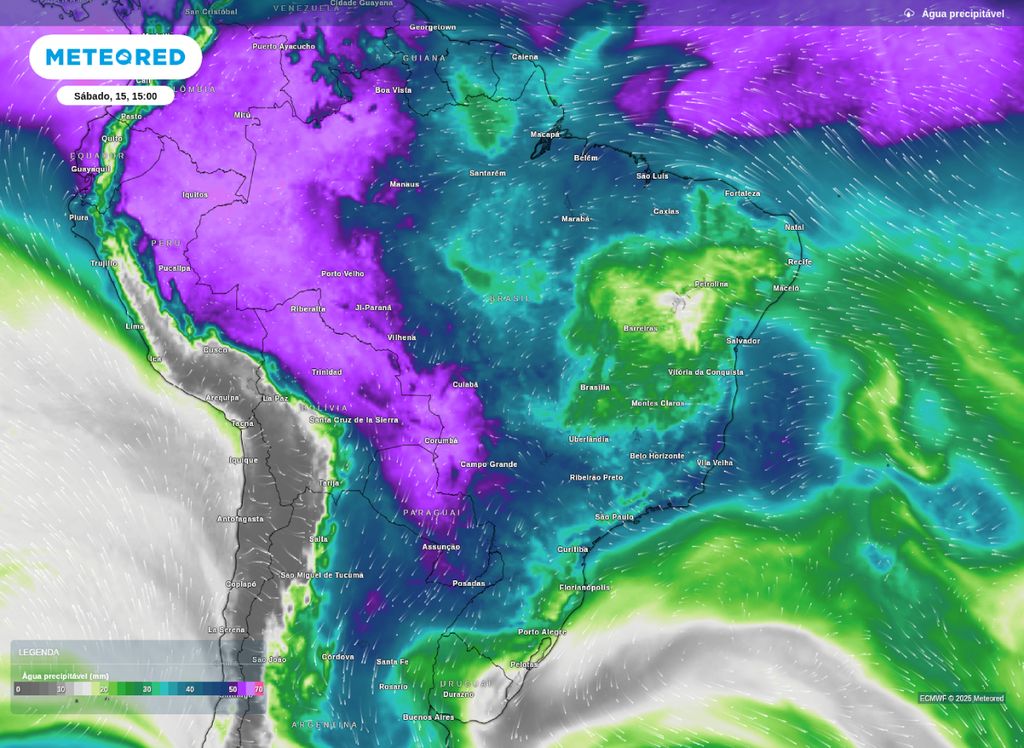 Água precipitável prevista para a tarde deste sábado (15). Água precipitável prevista para a tarde deste sábado (15).