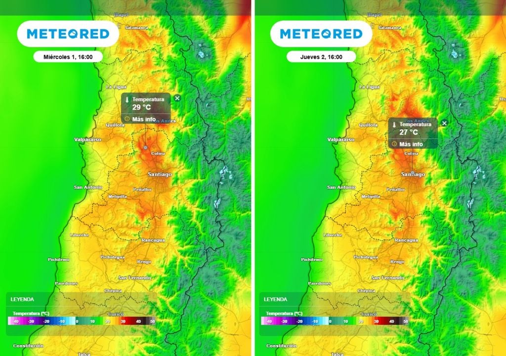 mapas de temperatura El modelo europeo muestra máximas similares para mediados de semana con un leve descenso más marcado hacia el jueves.