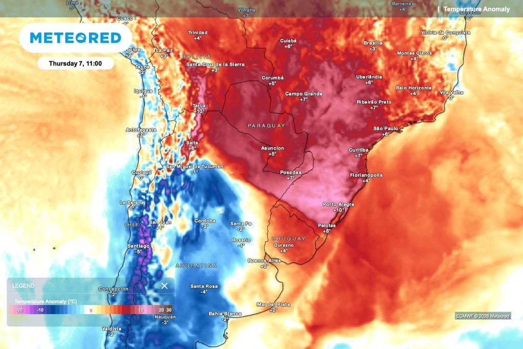 Na quinta-feira (7), a anomalia de temperatura mostra calor acima do normal no Sul e Sudeste antes da chegada da nova massa de ar polar.