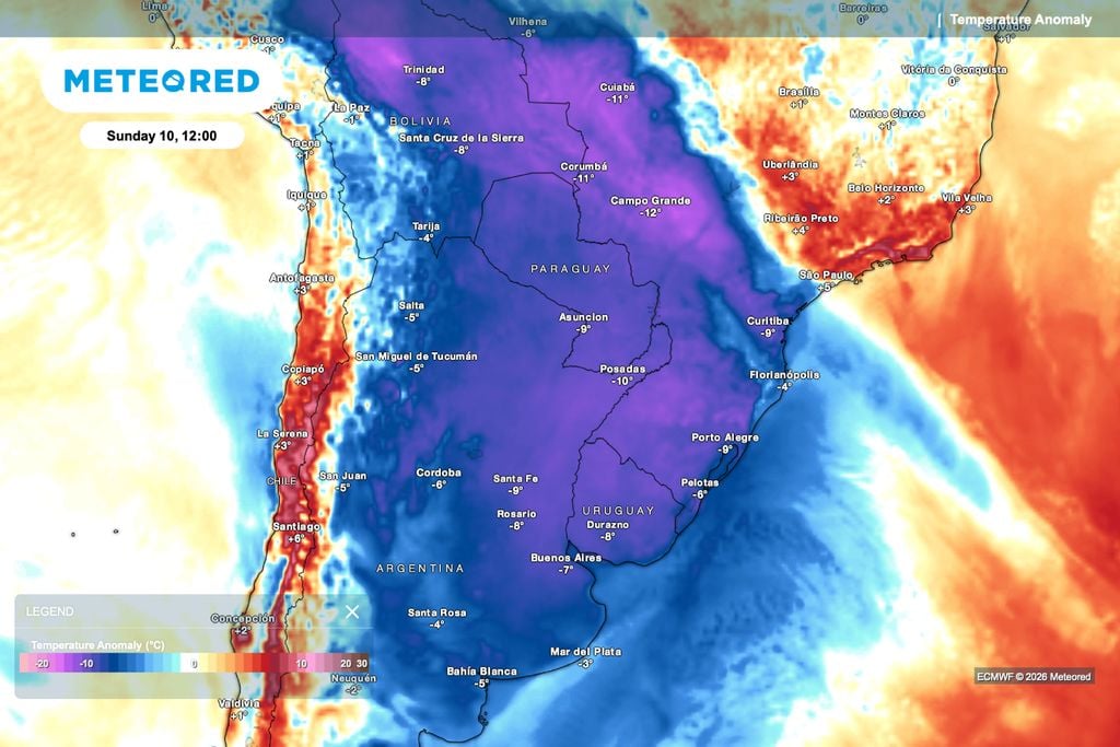 No domingo (10), a anomalia de temperatura mostra forte queda no Centro-Sul, marcando a virada do calor para o frio em poucos dias.