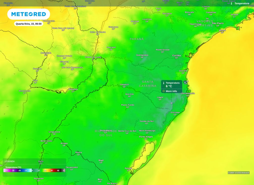 Previsão de temperatura mínima para esta quarta-feira (15).