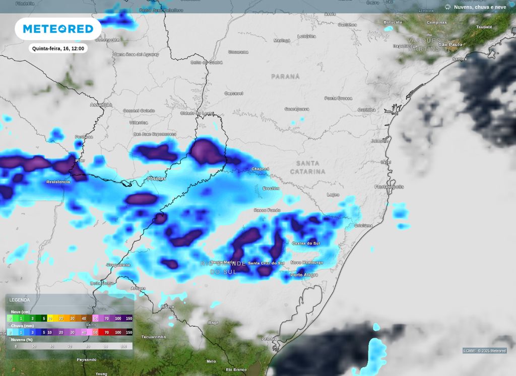 Precipitação e nebulosidade avançam sobre a Região Sul na quinta-feira (16).
