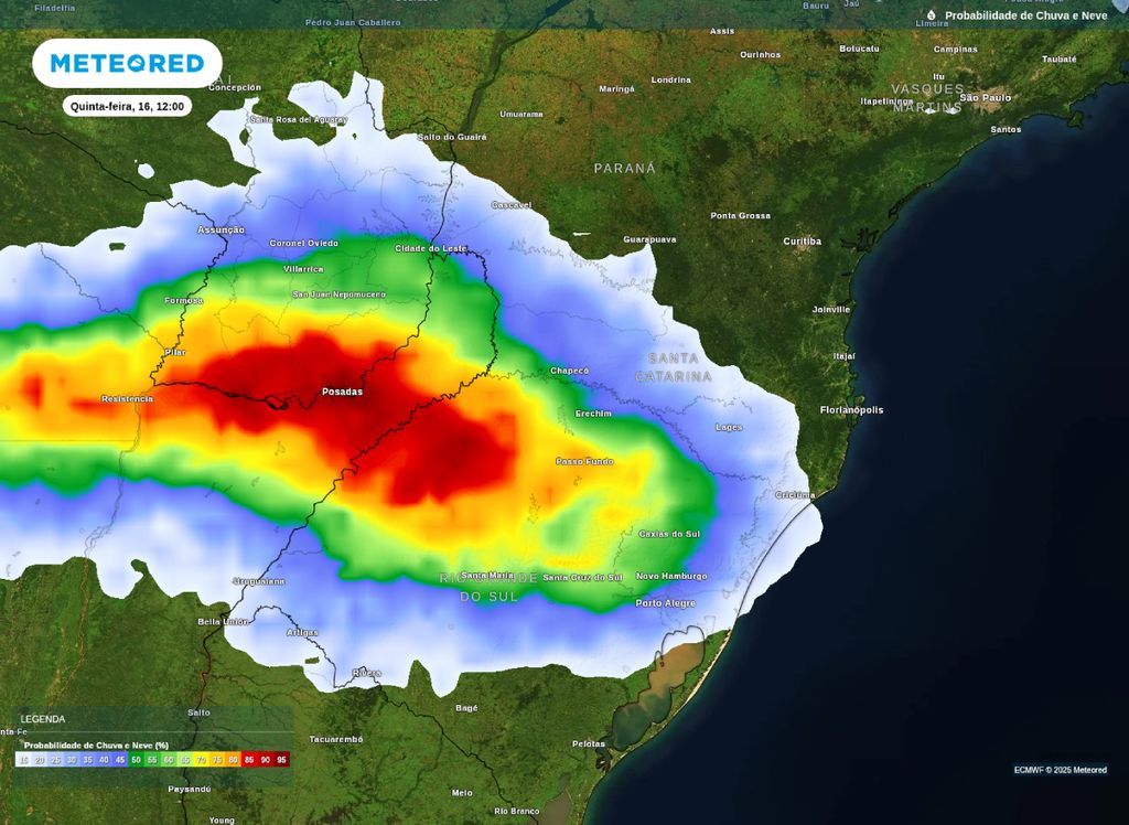 Possibilidade de precipitação indica áreas com maior potencial de chuvas fortes.