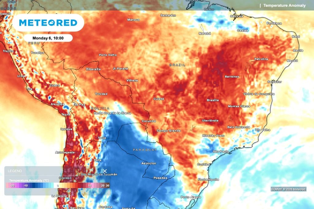 ar quente, umidade baixa, sul, sudeste, centro Anomalia de temperatura traz o ar mais quente sobre o Brasil Central, mantendo tardes acima da média e maior demanda de água em lavouras irrigadas.