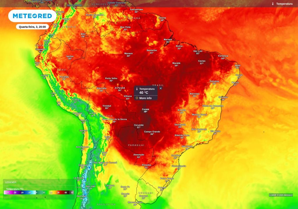 Previsão de temperatura máxima nesta quarta-feira (3), de acordo com o ECMWF. O horário corresponde às 15h, no horário de Brasília.