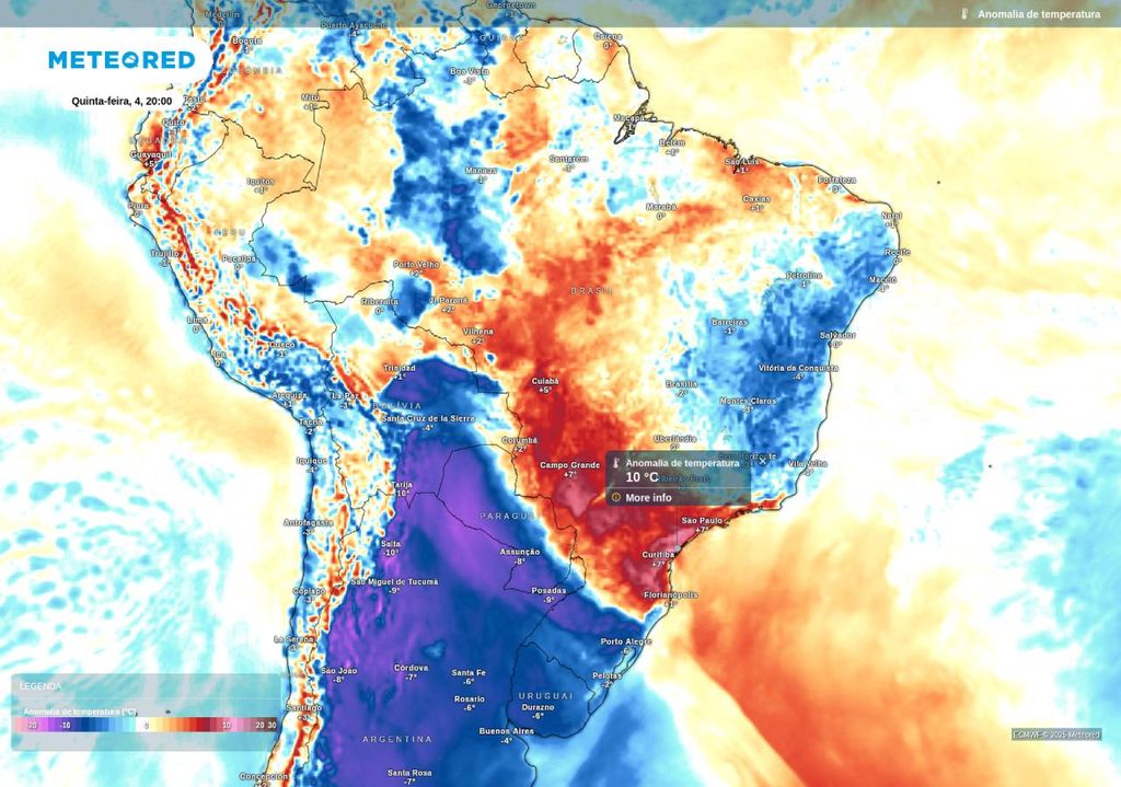 revisão de anomalia de temperatura nesta quinta-feira (4), de acordo com o ECMWF.