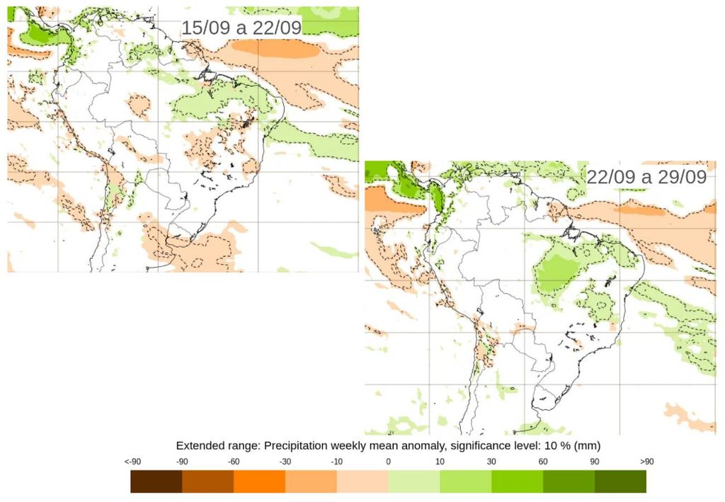 Previsão de anomalia semanal de precipitação, de acordo com o modelo ECMWF. Créditos: ECMWF.