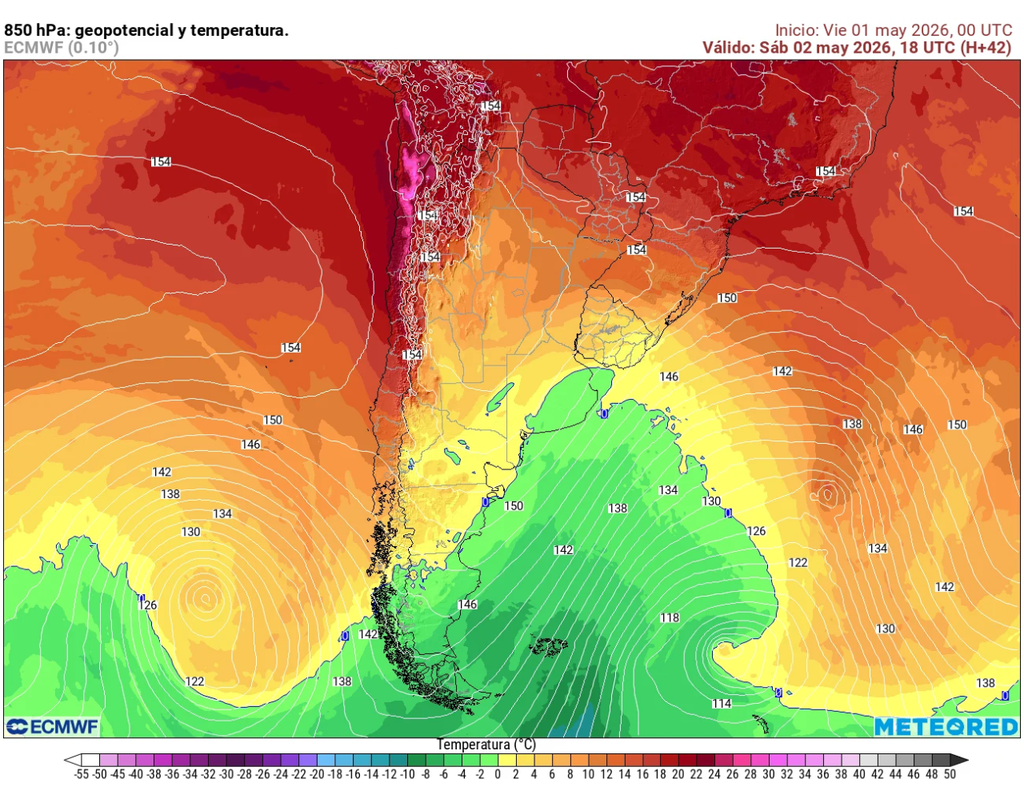 La dorsal cálida se extiende desde el norte hacia la zona central, indicando aire más cálido en altura que favorece el aumento de temperaturas en superficie.