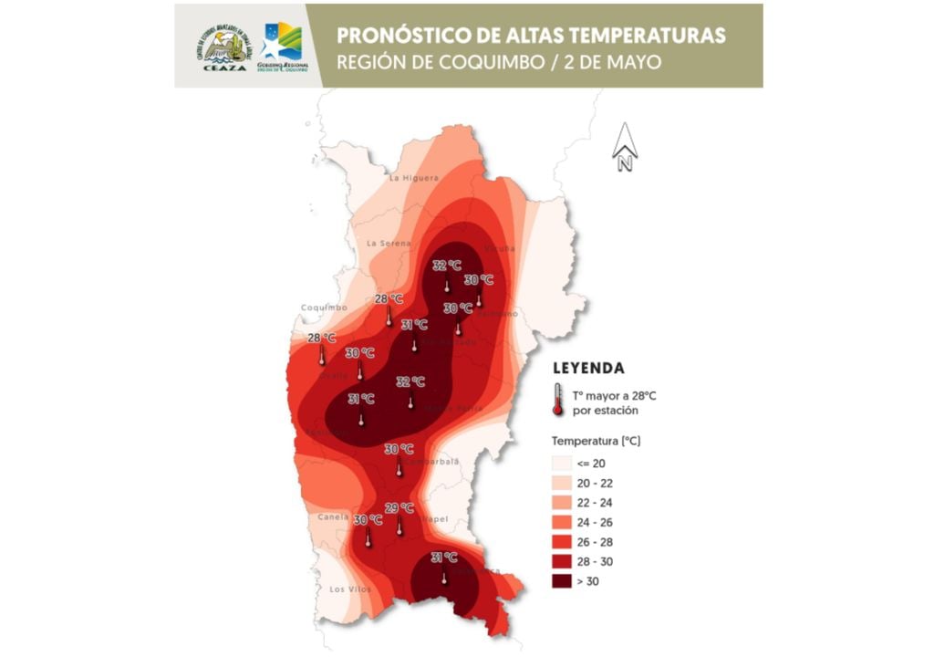 Altas temperaturas dominarán los valles interiores de la Región de Coquimbo este 2 de mayo, con máximas que superarán los 30 °C en varias localidades. Fuente: CEAZA / CEAZAMet.