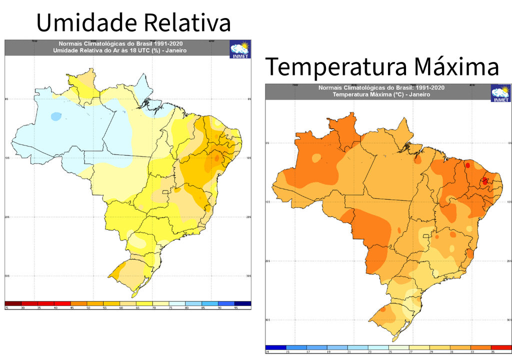 Normais climatológicas (1991-2020) do INMET para umidade relativa (%, esquerda) e temperatura máxima (°C, direita). Créditos: Adaptado de INMET.